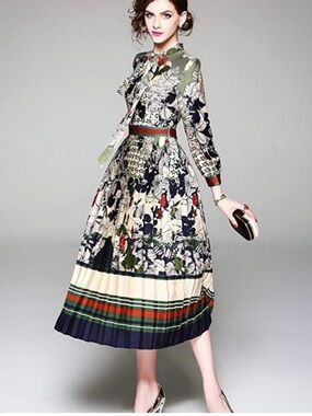 Lai Meng Five Cats Tan Botanical Print Midi Dress
